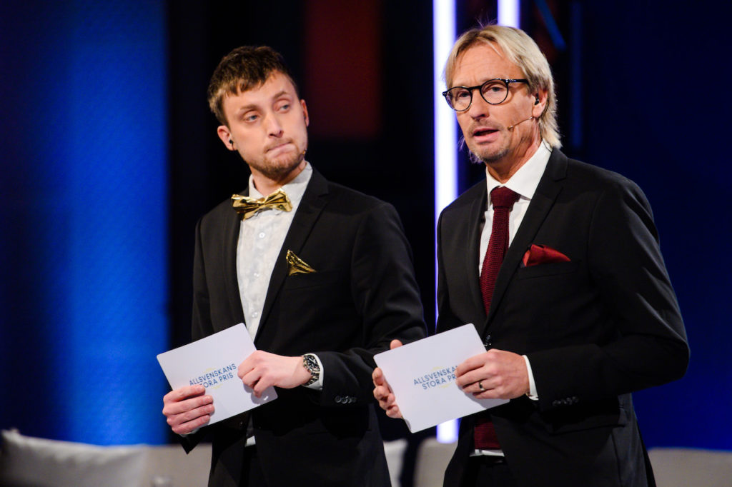 TV4 och C Mores Axel Pileby och Patrik Westberg var programledare under Allsvenskans Stora Pris Foto: Simon Hastegård / Bildbyrån / Cop 118