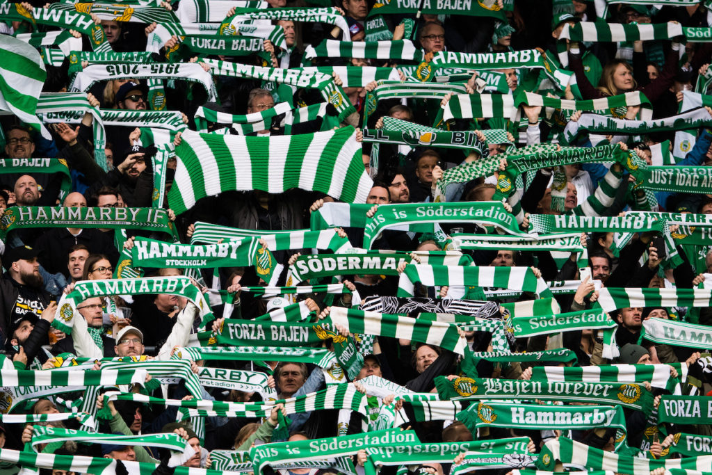 Supportrar till Hammarby under fotbollsmatchen i Allsvenskan mellan Hammarby och Kalmar den 7 april 2019 i Stockholm. Foto: Andreas L Eriksson / Bildbyrån / kod AE / Cop 106