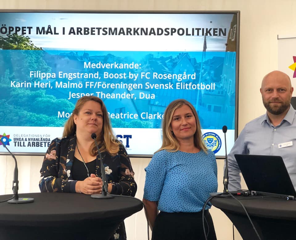 Karin Heri, Nationell Samordnare Sysselsättning på Svensk Elitfotboll tillsammans med Filippa Engstrand BOOST By FC Rosengård och Jesper Theander DUA Delegationen för unga och nyanlända till arbete, regeringskansliet/arbetsmarknadsdepartementet.