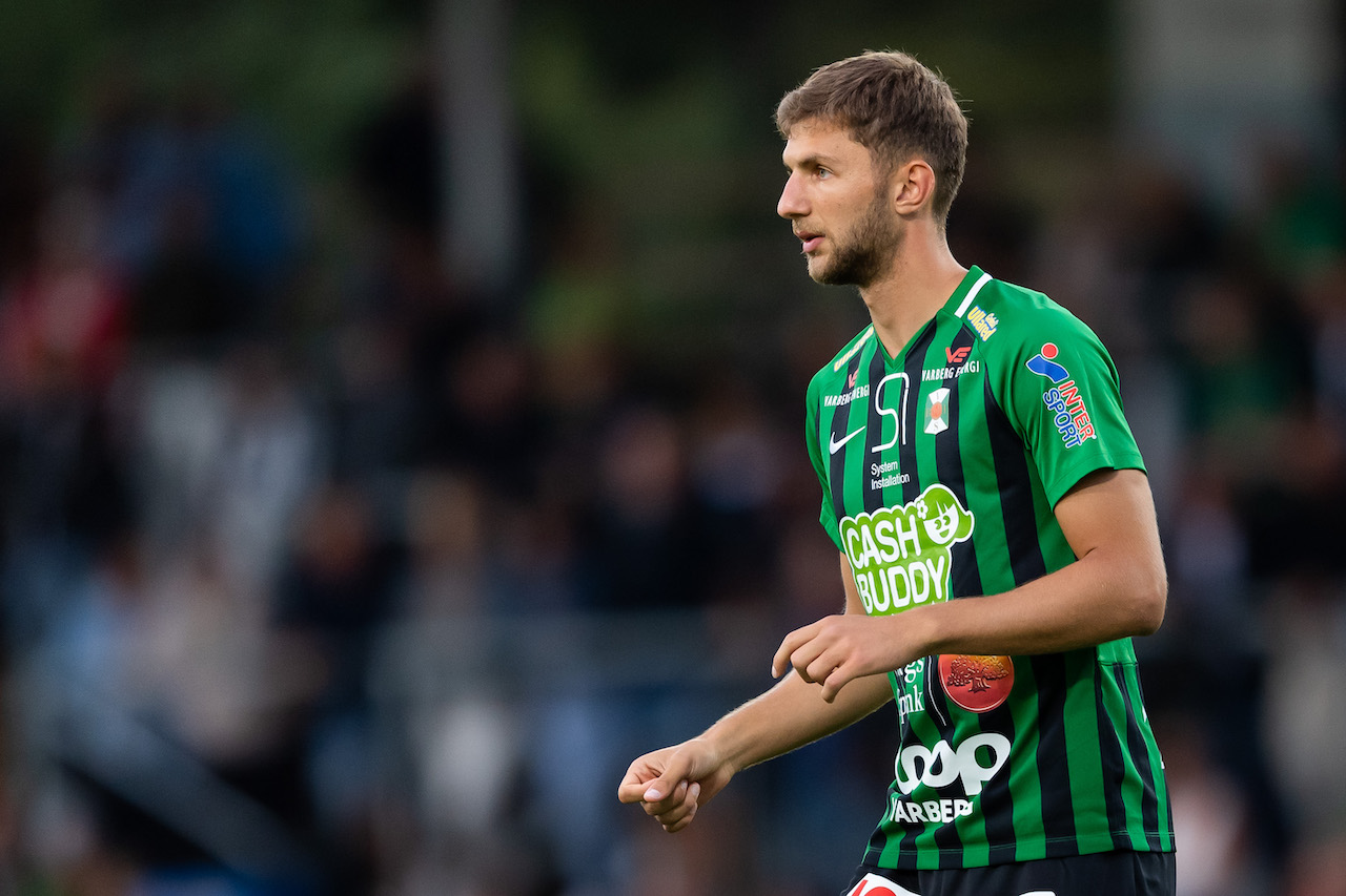 Varbergs Alibek Aliev under fotbollsmatchen i Superettan mellan Varberg och Frej den 9 augusti 2019 i Varberg. Foto: Krister Andersson / Bildbyrån / Kod KA / Cop 147