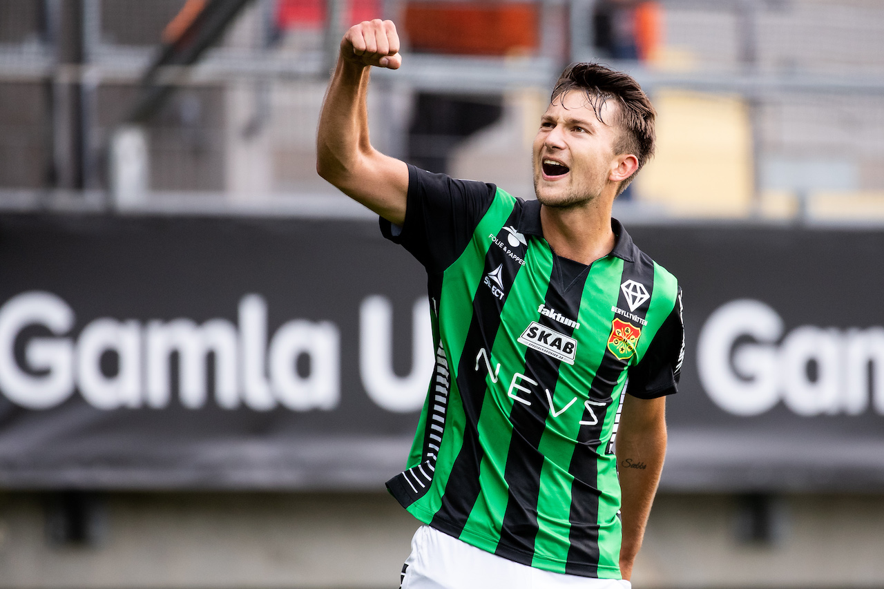 GAIS Måns Saebbö jublar efter 1-0 under fotbollsmatchen i Superettan mellan GAIS och Mjällby den 11 augusti 2019 i Göteborg. Foto: Michael Erichsen / BILDBYRÅN / Cop 89